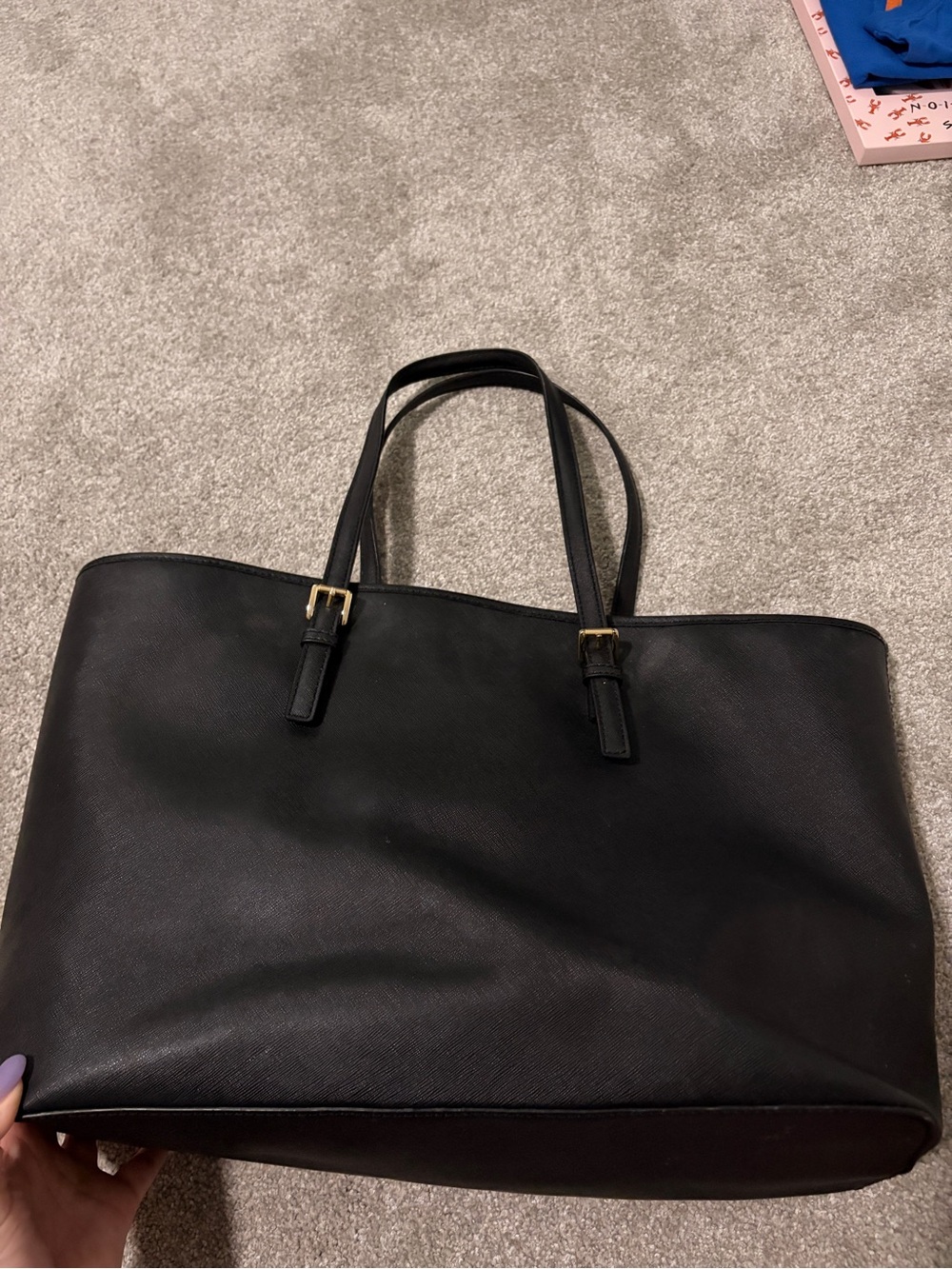 Michael Kors Black Leather Tote with Gold MK Charm - Picture 2 of 13